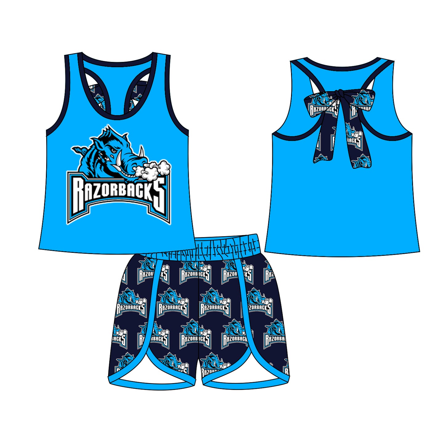 (Custom Design Preorder MOQ 5) Team's RAZORBACKS Blue Print Shorts Girls Summer Clothes Set