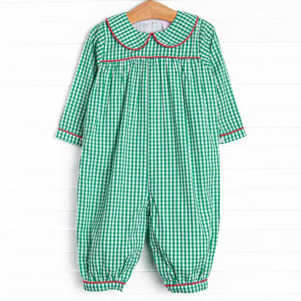 (Custom Design Preorder MOQ 5) Green Plaid Print Baby Girls Christmas Romper