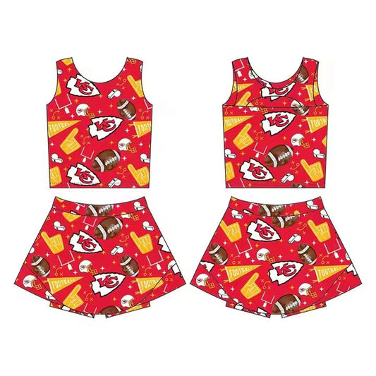 (Custom Design Preorder MOQ 5) Team's KC CHIEFS Red Print Shorts Skirts Girls Summer Yoga Clothes Set