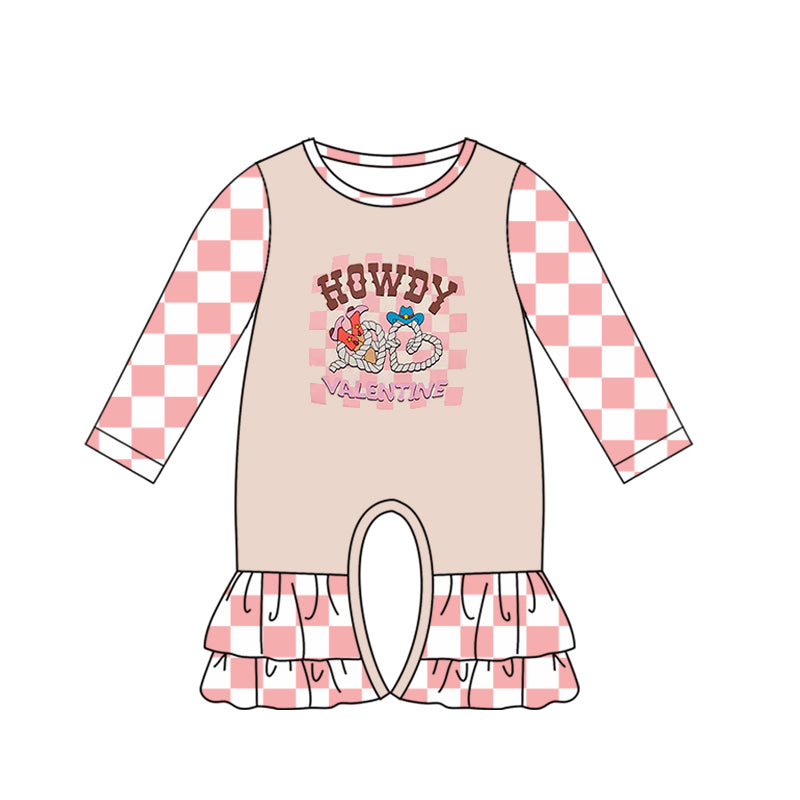 (Custom Design Preorder MOQ 5) Howdy Pink Plaid Print Baby Girls Valentine's Day Romper