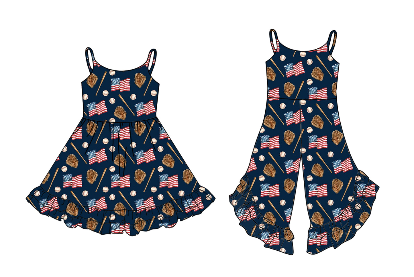 2.24(Custom Design Preorder MOQ 5 Each Design) Flag Baseball Print Girls 4th of July Matching Clothes Sisters Wear