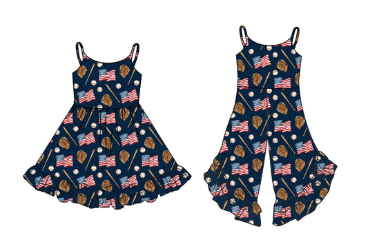 2.24(Custom Design Preorder MOQ 5 Each Design) Flag Baseball Print Girls 4th of July Matching Clothes Sisters Wear