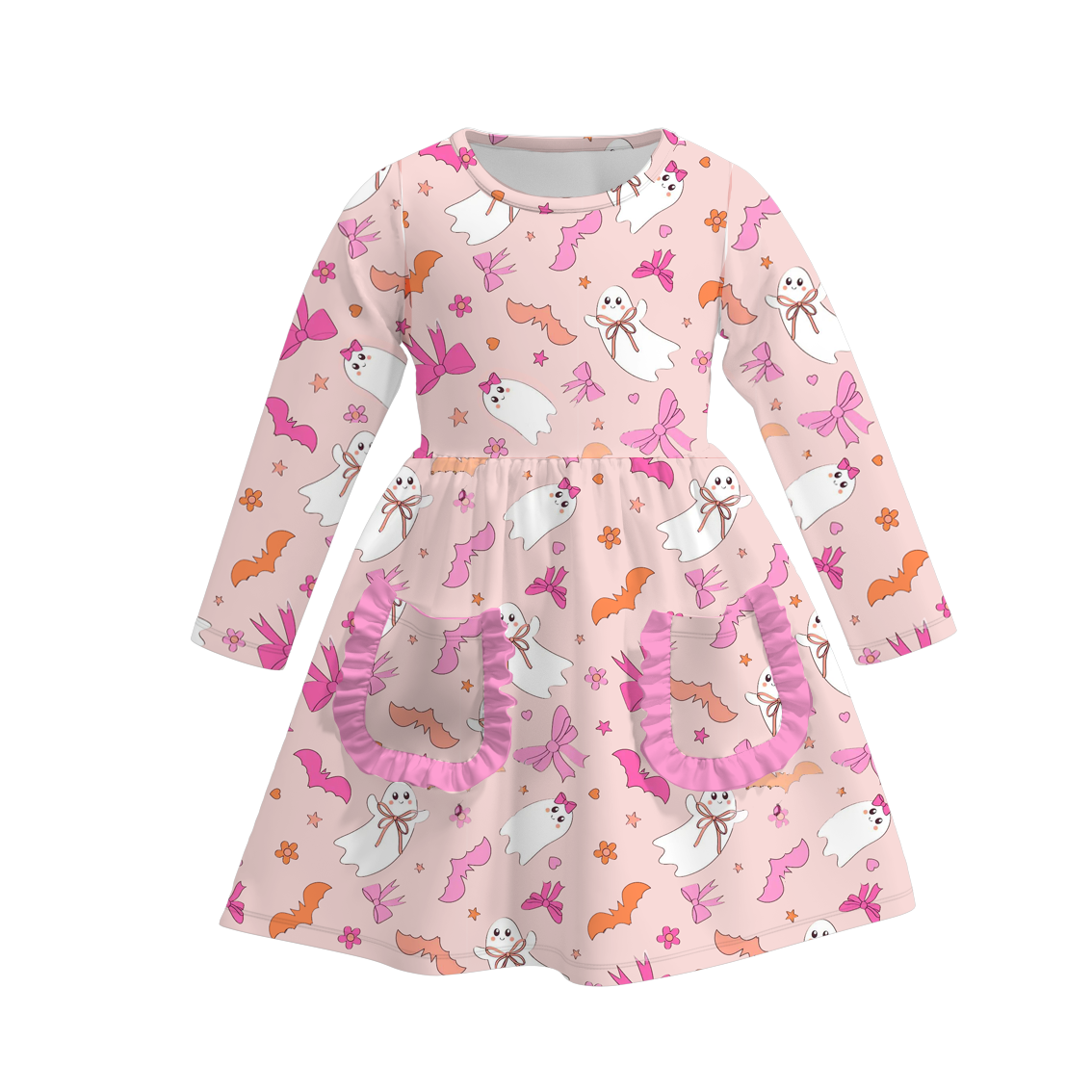 (Custom Design Preorder MOQ 5) Ghost Hotpink Bows Print Girls Knee Length Fall Dress