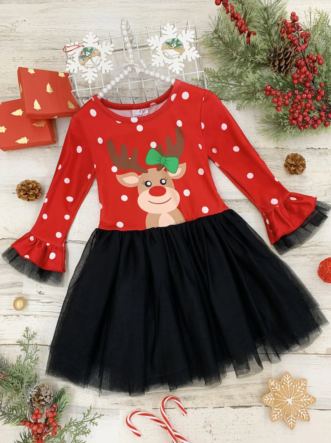 (Custom Design Preorder MOQ 5) Deer Dots Print Girls Knee Length Christmas Tulle Dress