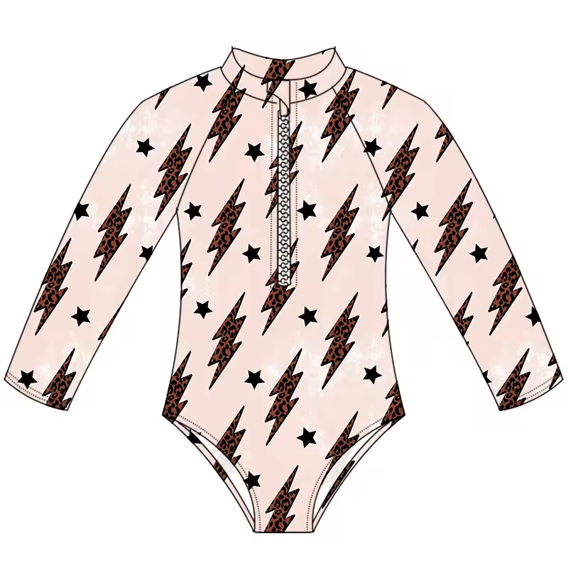 (Custom Design Preorder MOQ 5)  Flash Star Print Girls 1 Piece Long Sleeve Zipper Swimsuits