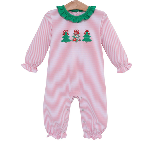 (Custom Design Preorder MOQ 5) Christmas Tree Pink Stripes Print Baby Girls Romper