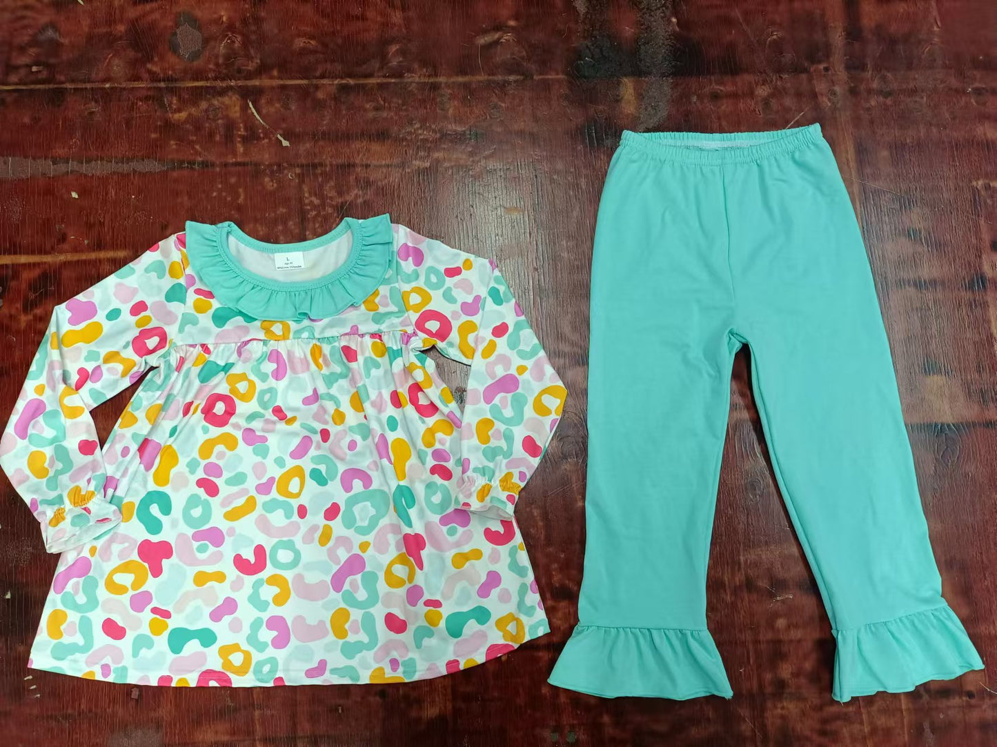 (Custom Design Preorder MOQ 3 ) Colorful Leopard Tunic Top Aqua Pants Girls Fall Clothes Set