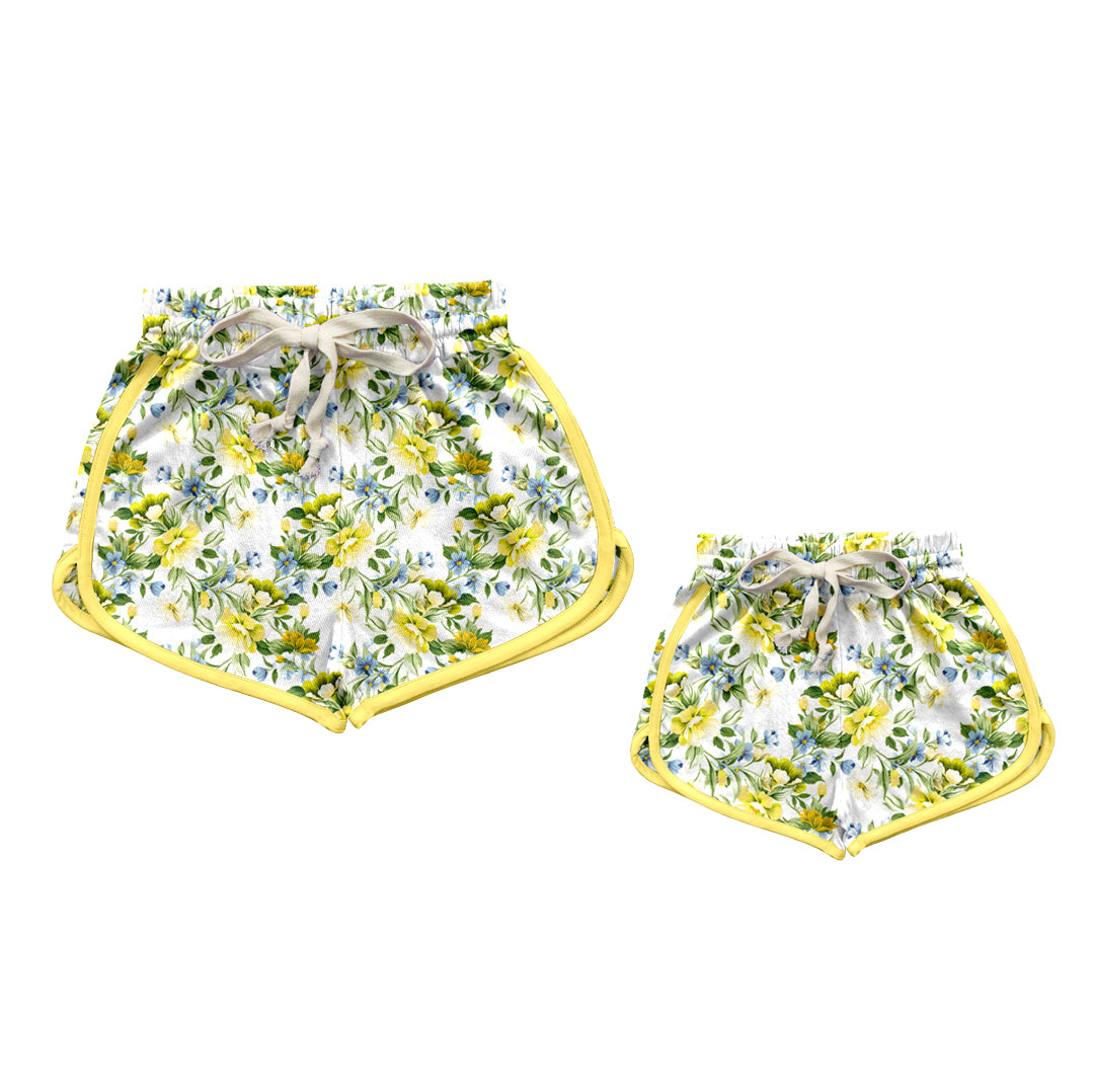 12.10(Custom Design Preorder MOQ 5 Each Design) Yellow Flowers Print Summer Shorts Mom and Me Matching Clothes