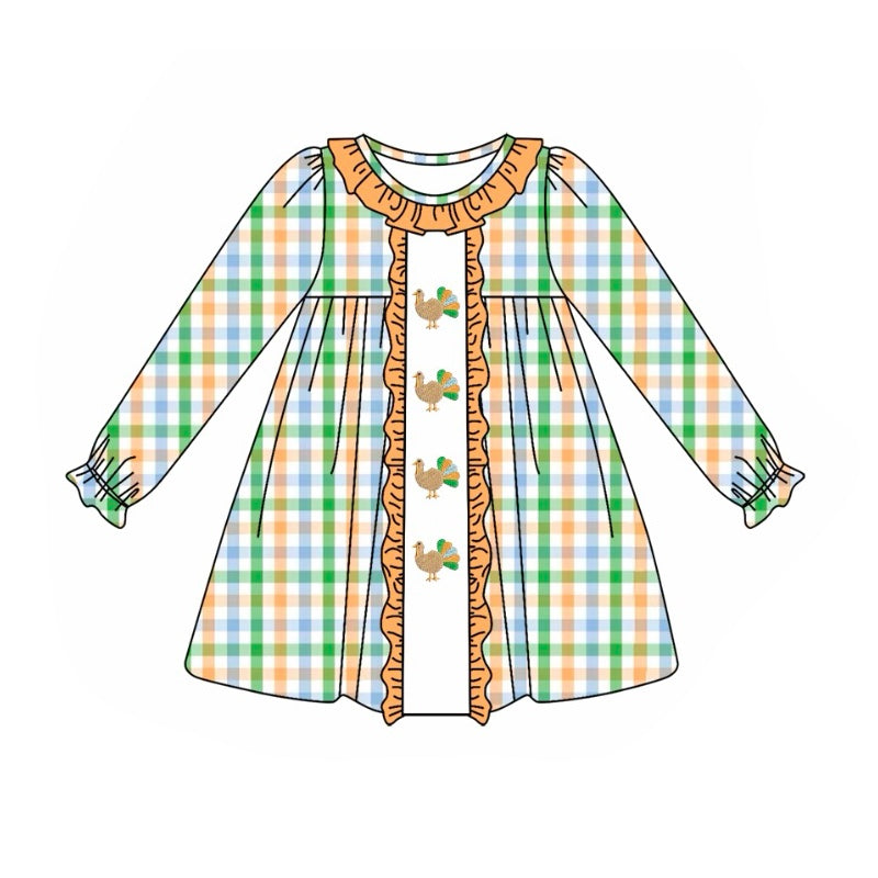 (Custom Design Preorder MOQ 5) Turkey Green Orange Plaid Print Girls Knee Length Thanksgiving Dress