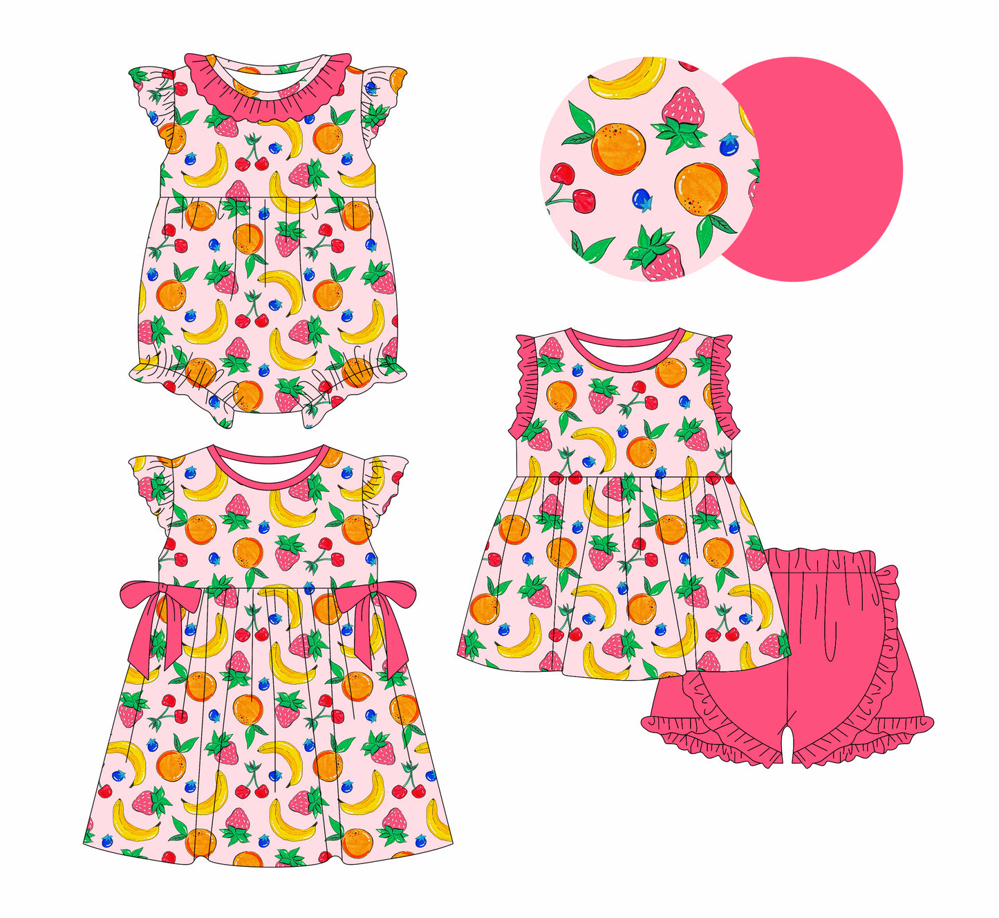 1.6(Custom Design Preorder MOQ 5 Each Design) Fruits Print Girls Summer Matching Clothes Sisters Wear