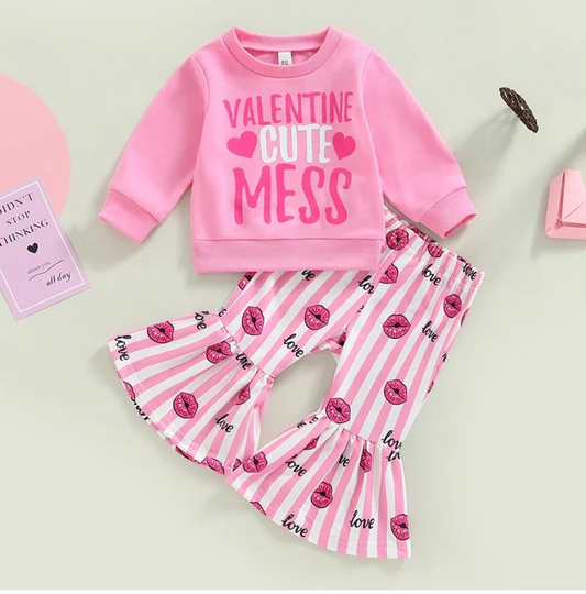 (Custom Design Preorder MOQ 5) Valentine Cute Mess Love Kidss Print Girls Clothes Set