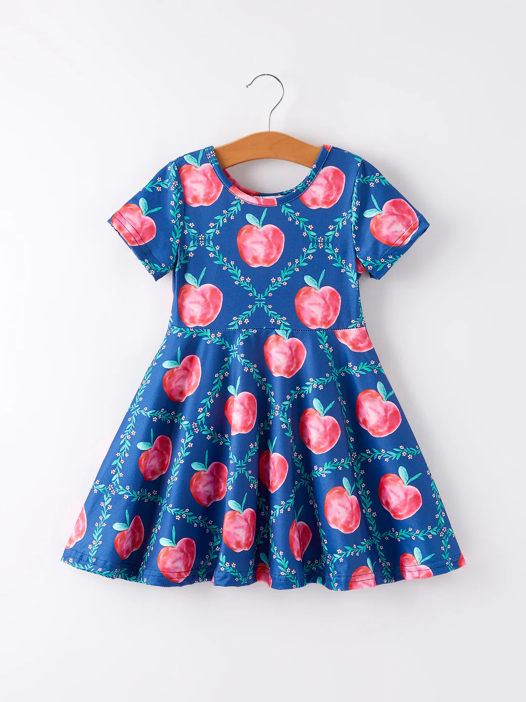 (Custom Design Preorder MOQ 5) Apple Blue Print Girls Back to School Knee Length Dress