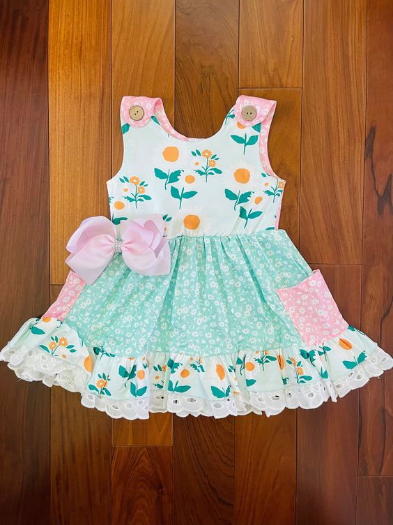 (Custom Design Preorder MOQ 5)  Flowers Print Pockets Girls Knee Length Summer Dress