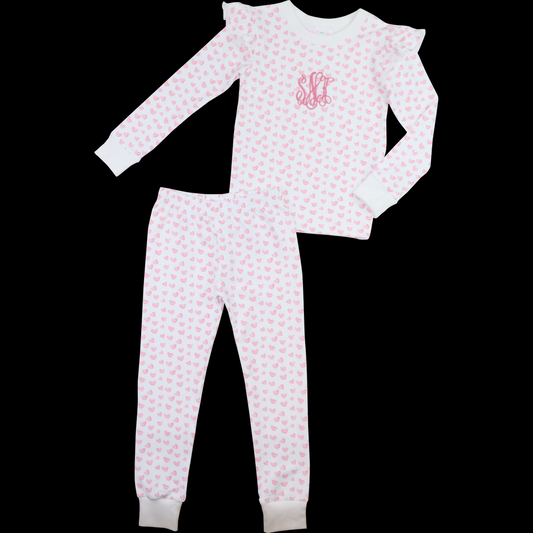 (Custom Design Preorder MOQ 5) Pink Heart Print Girls Valentine's Day Pajamas Clothes Set