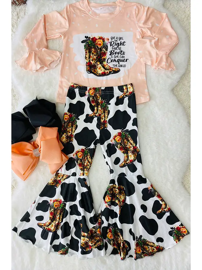 (Custom Design Preorder MOQ 5) Flowers Boots Top Bell Pants Girls Fall Clothes Set