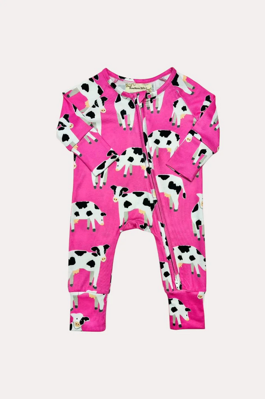 (Custom Design Preorder MOQ 5) Cows Hot Pink Print Baby Girls Long Sleeve Zipper Sleeper Romper