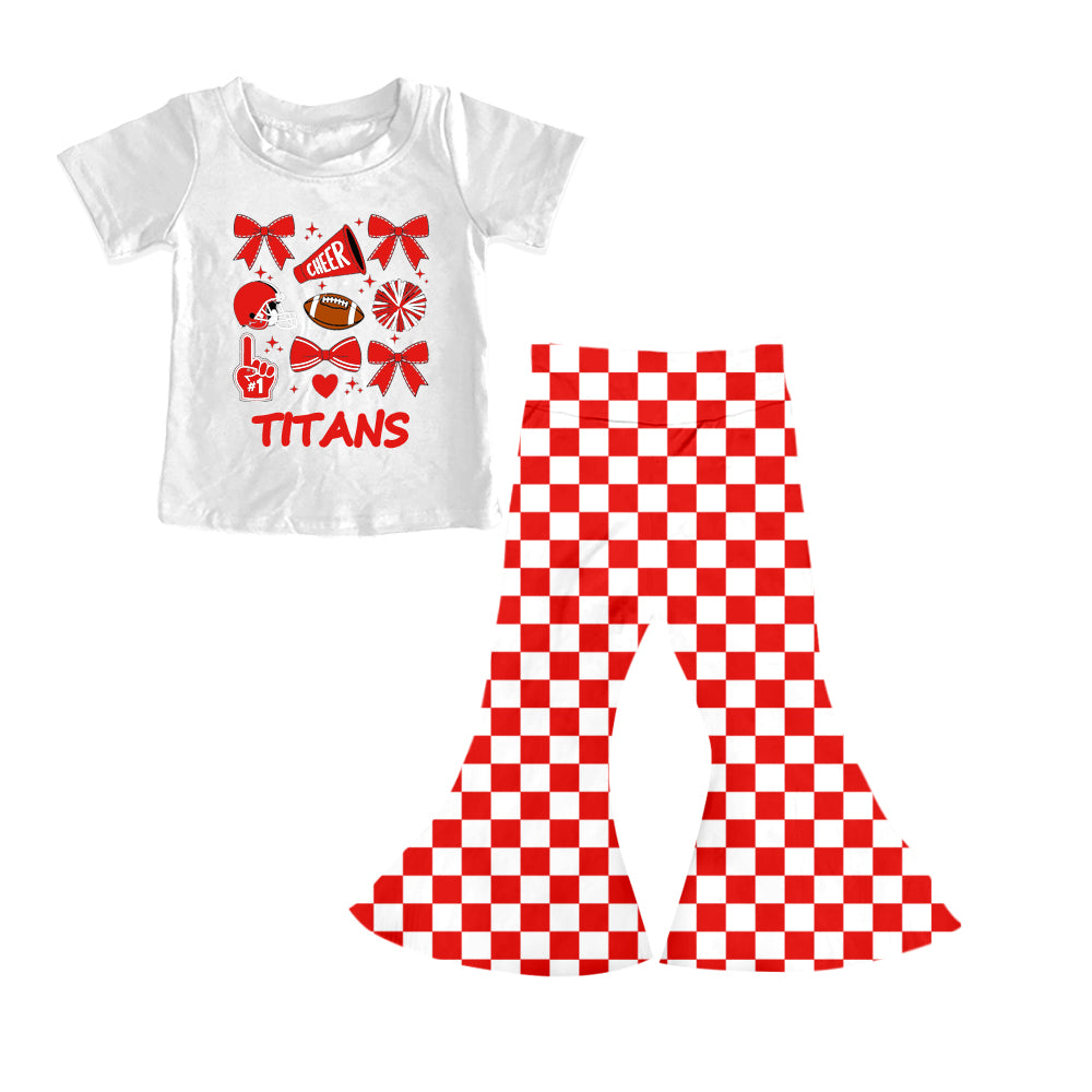 (Custom Design Preorder MOQ 5) Team's TITANS Bows Top Red Plaid Bell Pants Girls Clothes Set