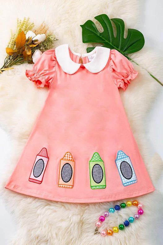 (Custom Design Preorder MOQ 5) Pink Pen Print Girls Knee Length Back to School Dress