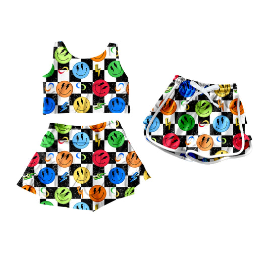 4.19(Custom Design Preorder MOQ 5 Per Item) Colorful Smiling Face Plaid Print Girls Smmer Yoga Ouutfits & Shorts