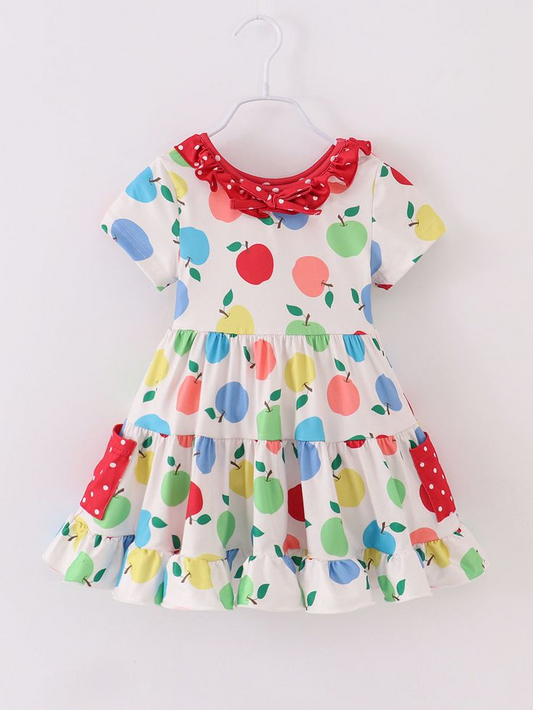 (Custom Design Preorder MOQ 5)  Colorful Apples Print Girls Knee Length Summer Dress