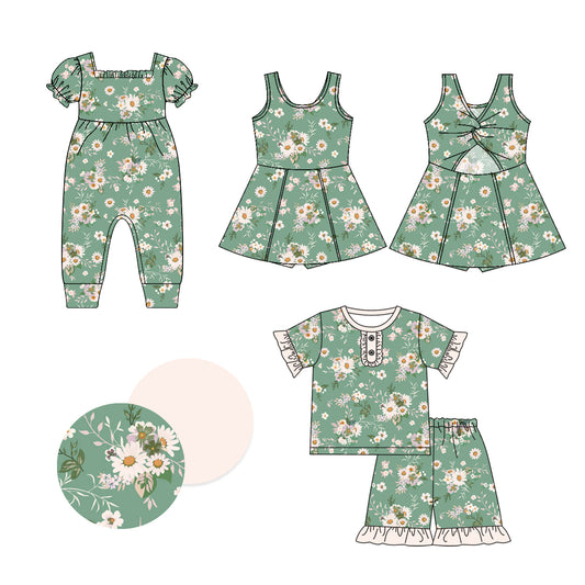 1.4(Custom Design Preorder MOQ 5 Each Design) Green Flowers Print Girls Summer Matching Clothes Sisters Wear
