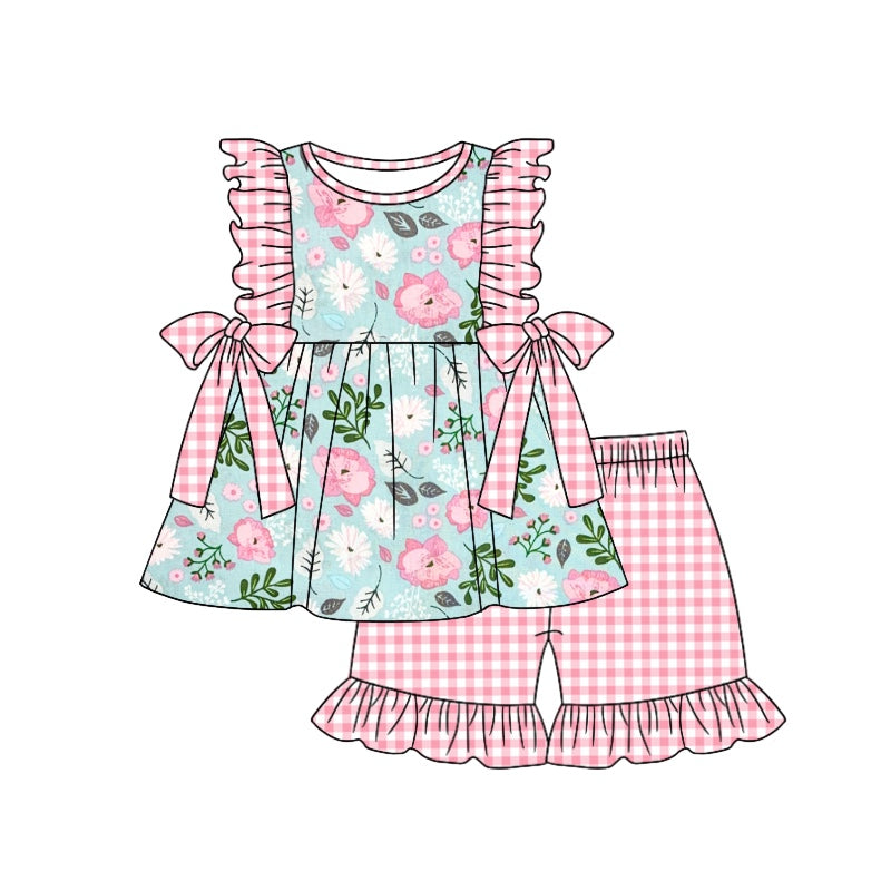 (Custom Design Preorder MOQ 5) Pink Flowers Print Top Ruffle Shorts Girls Summer Clothes Set