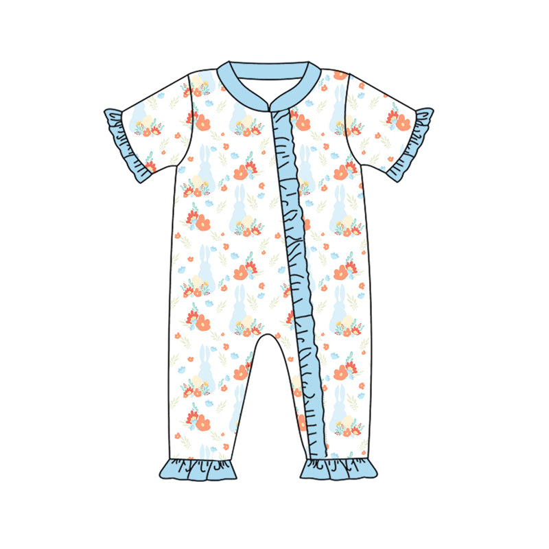 (Custom Design Preorder MOQ 5)  Bunny Flowers Print Baby Girls Easter Bamboo Sleeper Zipper Romper