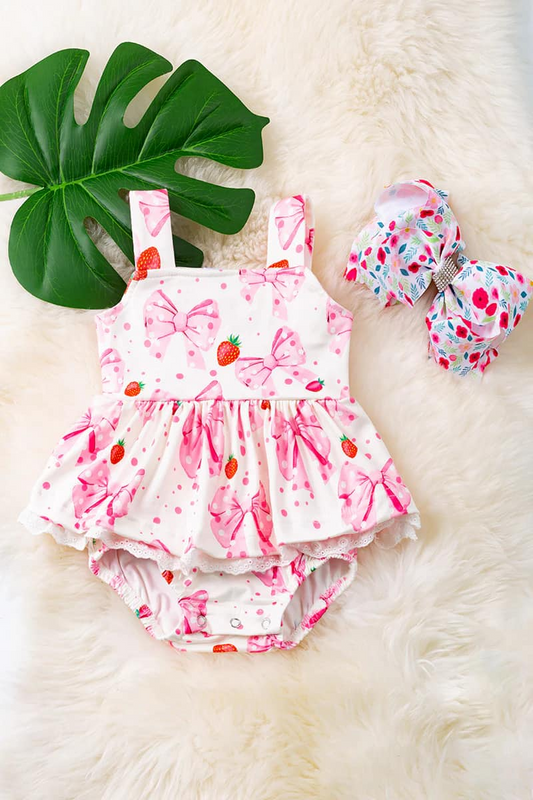 (Custom Design Preorder MOQ 5) Pink Bows Strawberry Print Baby Girls Summer Romper