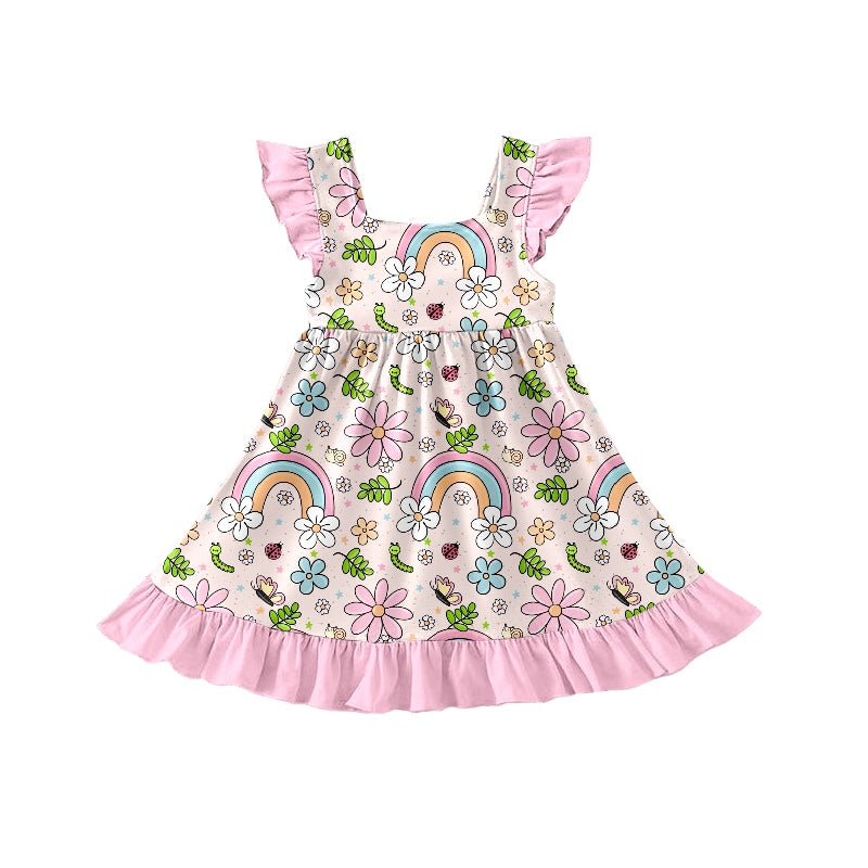 (Custom Design Preorder MOQ 5) Pink Flowers Rainbow Print Girls Knee Length Summer Dress