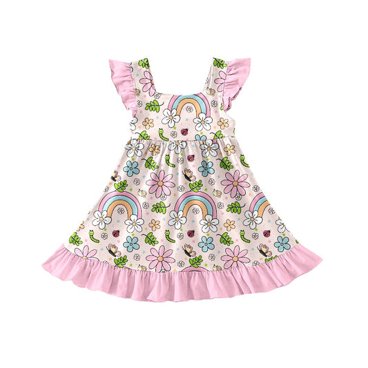 (Custom Design Preorder MOQ 5) Pink Flowers Rainbow Print Girls Knee Length Summer Dress
