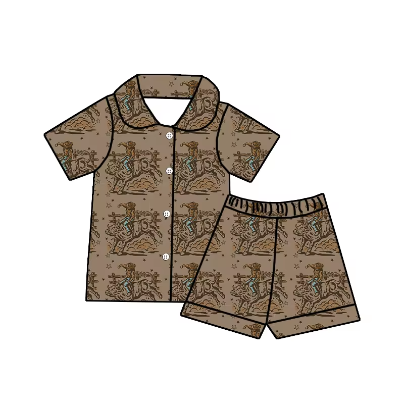 (Custom Design Preorder MOQ 5)  Brown Rodeo Print Boys Summer Pajamas Western Clothes Set