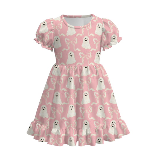 (Custom Design Preorder MOQ 5) Ghost Bows Pink Print Girls Knee Length Halloween Dress