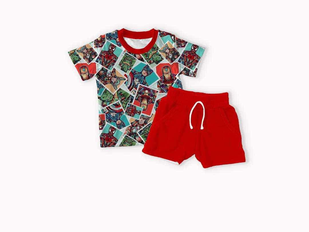 (Custom Design Preorder MOQ 5) Cartoon Hero Top Red Shorts Boys Summer Clothes Set