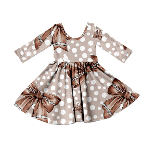 (Custom Design Preorder MOQ 5) Football Bows Print Girls Knee Length Fall Dress