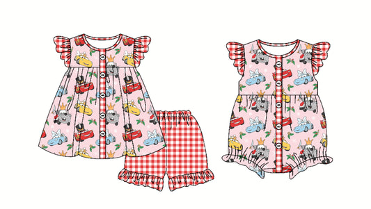 2.22(Custom Design Preorder MOQ 5 Each Design) Cartoon Cars Bows Print Girls Summer Matching Clothes Sisters Wear