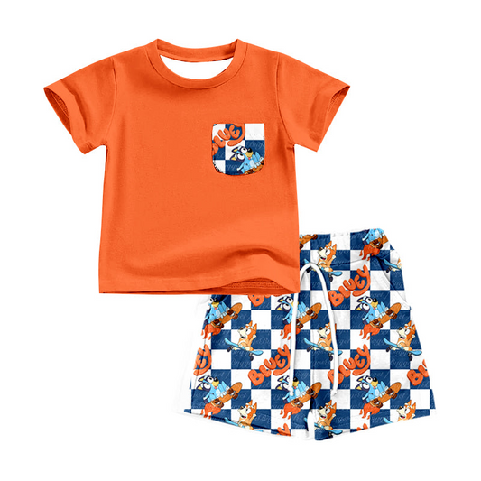 (Custom Design Preorder MOQ 5) Orange Pocket Top Cartoon Dog Shorts Boys Summer Clothes Set