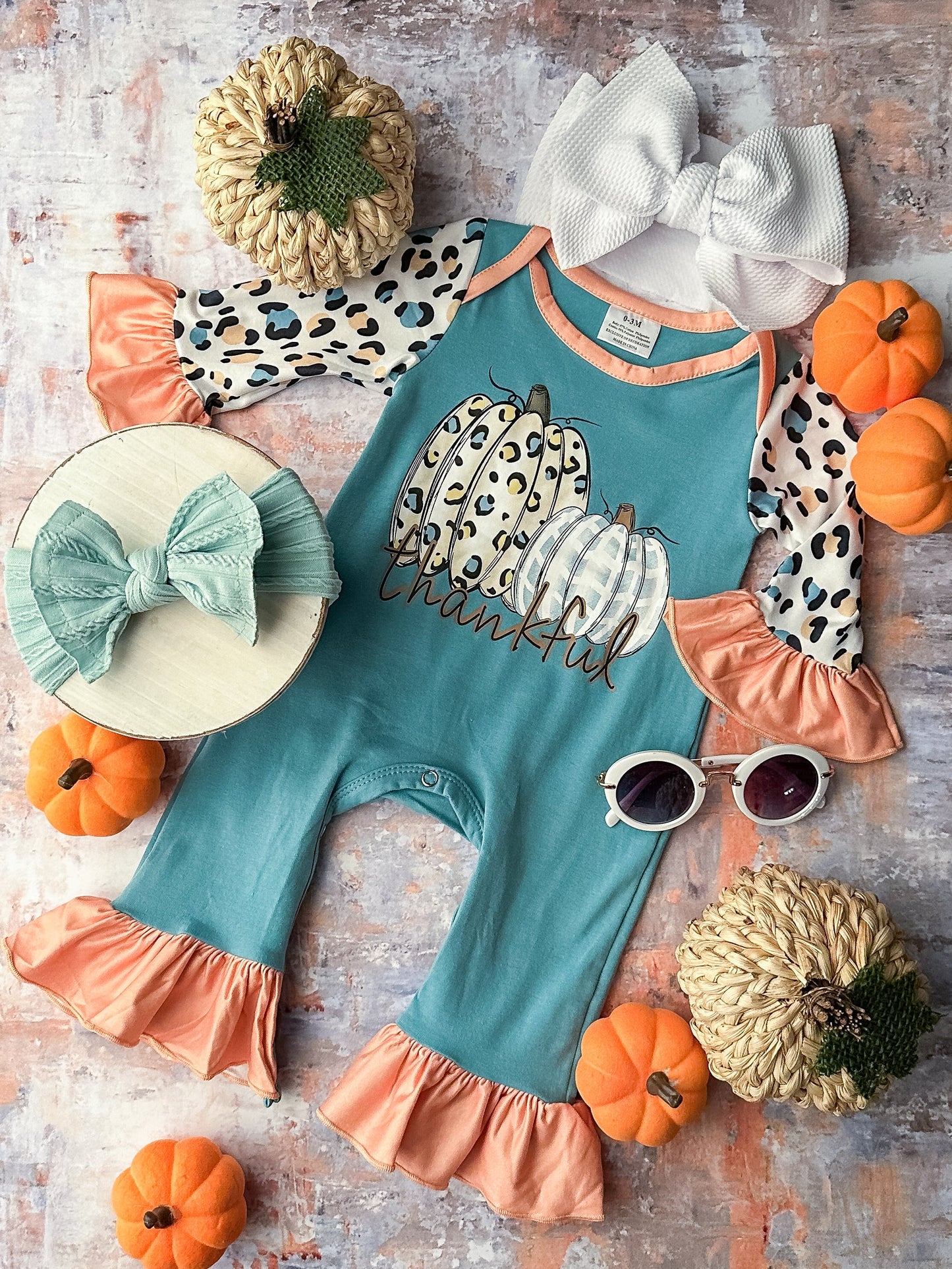 (Custom Design Preorder MOQ 5) Thankful Pumpkin Print Baby Girls Fall Romper