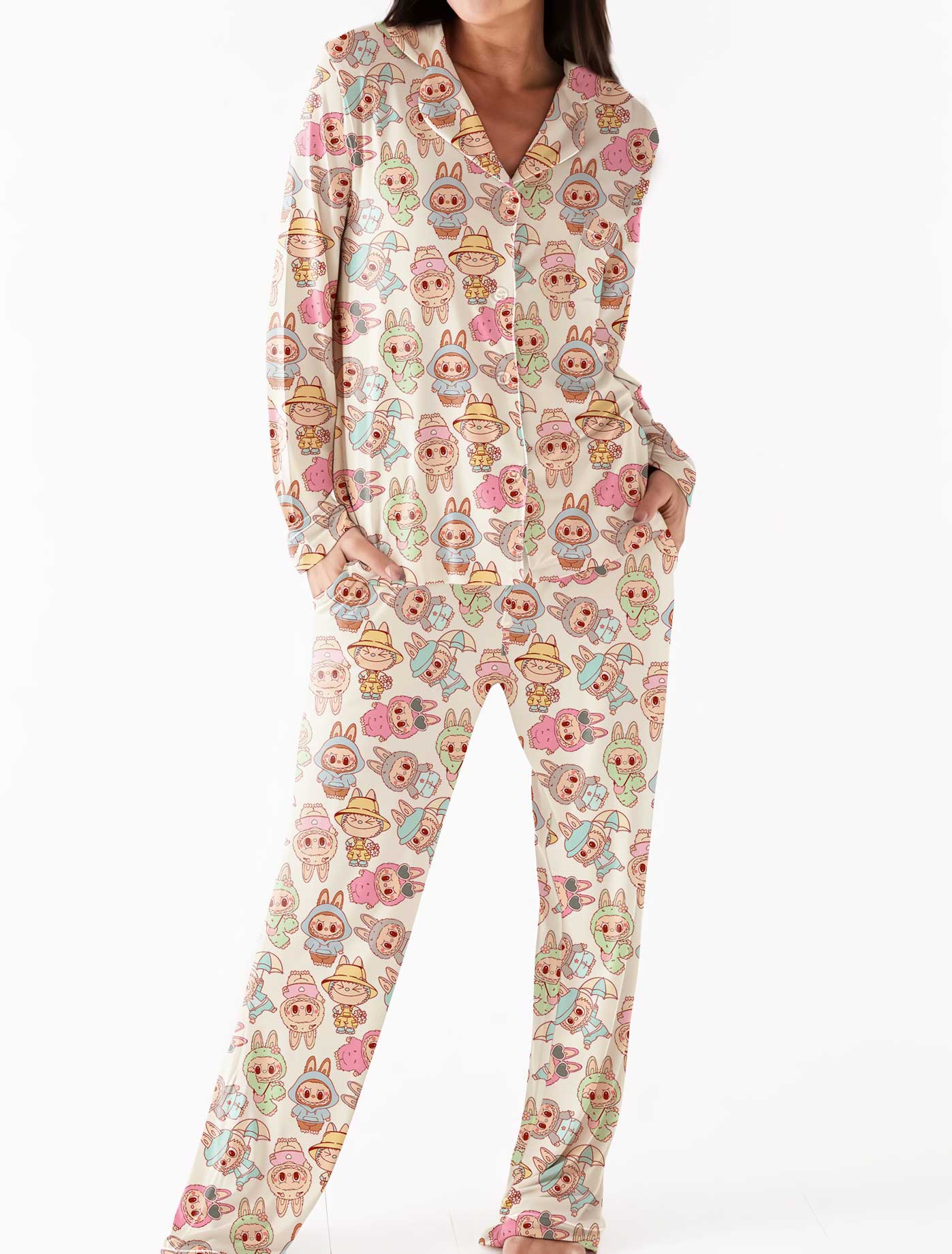 (Custom Design Preorder MOQ 5 Each Design) Cartoon Labub* Print Buttons Pajamas Sets Mom and Me Matching Clothes