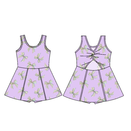 (Custom Design Preorder MOQ 5) Bows Purple Print Backless Top Shorts Skirts Girls Mardi Gras Yoga Dress