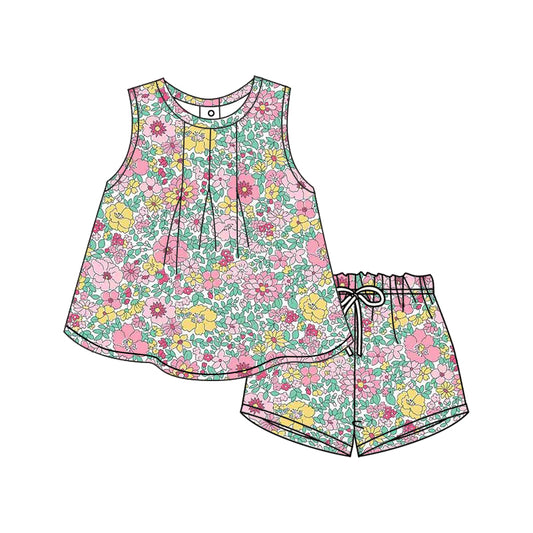 12.9(Custom Design Preorder MOQ 5) Pink Flowers Sleeveless Top Shorts Girls Summer Clothes Set