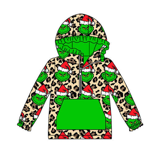 (Custom Design Preorder MOQ 5) Green Frog Face Leopard Print Girls Christmas Hoodie Zipper Tops