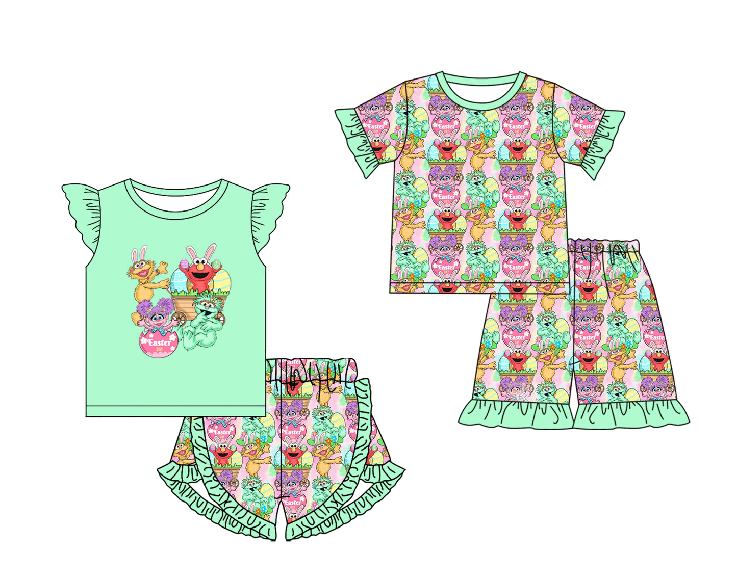 12.12(Custom Design Preorder MOQ 5 Each Design) Cartoon Street Eggs Print Girls Easter Matching Clothes Sisters Wear