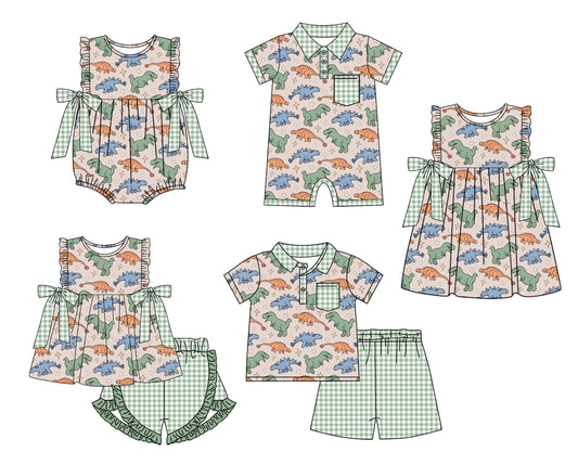 3.29(Custom Design Preorder MOQ 5 Each Design) Dino Green Plaid Print Kids Summer Matching Clothes Sibling Wear