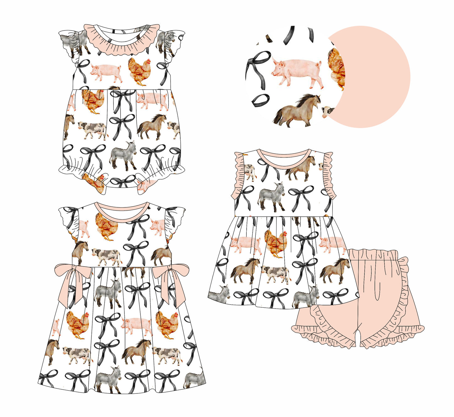 1.3(Custom Design Preorder MOQ 5 Each Design) Farm Animals Bows Print Girls Summer Matching Clothes Sisters Wear