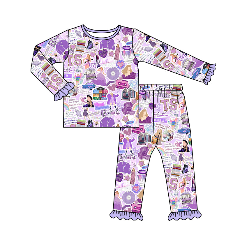 (Custom Design Preorder MOQ 5) Purple Singer Print Girls Pajamas Clothes Set