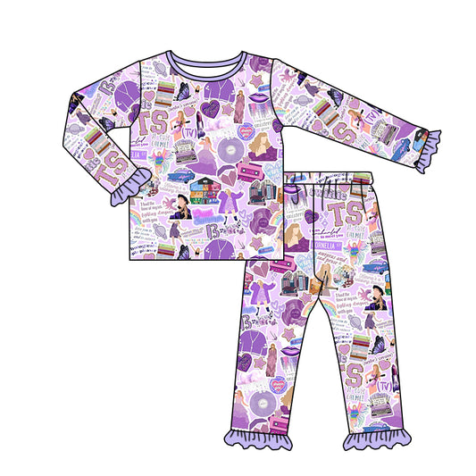 (Custom Design Preorder MOQ 5) Purple Singer Print Girls Pajamas Clothes Set