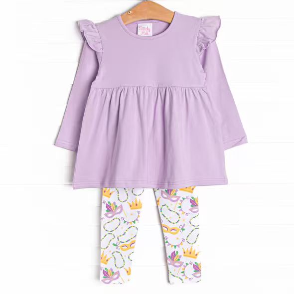 (Custom Design Preorder MOQ 5)  Purple Tunic Top Mask Pants Girls Mardi Gras Clothes Set