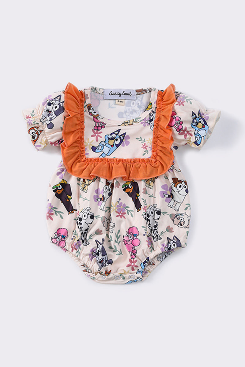 (Custom Design Preorder MOQ 5) Cartoon Dog Flowers Print Baby Girls Romper