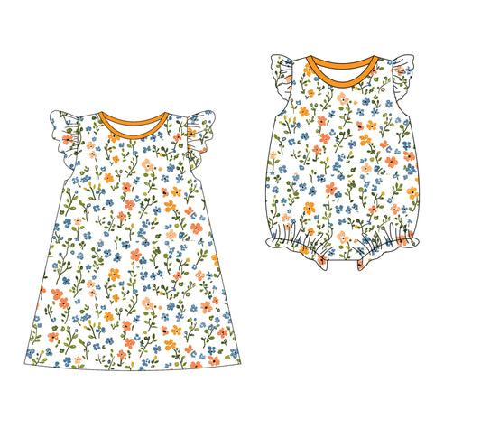 3.10(Custom Design Preorder MOQ 5 Each Design) Small Flowers Print Girls Summer Matching Clothes Sisters Wear
