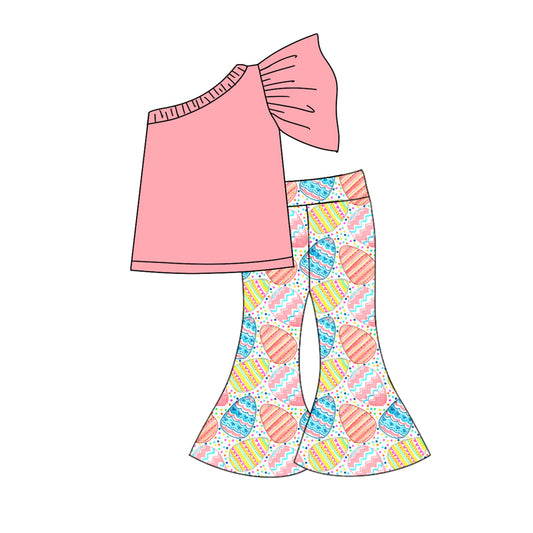 (Custom Design Preorder MOQ 5) Pink Top Colorful Eggs Bell Pants Girls Easter Clothes Set